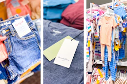 kids' denim shorts, men's tees, and toddler pajamas