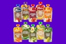 Ten pouches of Happy Baby Organics stage 2 baby food on a purple background