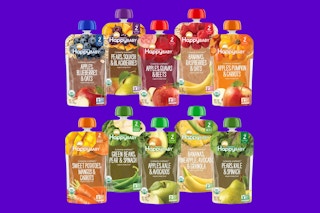 Ten pouches of Happy Baby Organics stage 2 baby food on a purple background