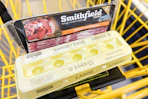 smithfield bacon and dozen eggs in shopping cart