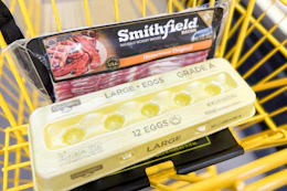 smithfield bacon and dozen eggs in shopping cart