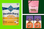 bags and boxes of dog treats in a collage
