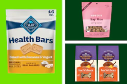 bags and boxes of dog treats in a collage