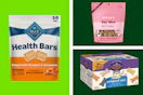 bags and boxes of dog treats in a collage