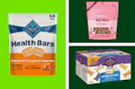 bags and boxes of dog treats in a collage