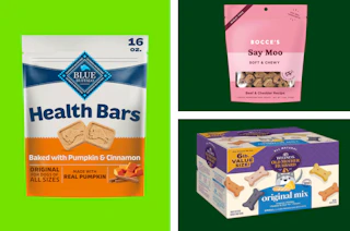 bags and boxes of dog treats in a collage