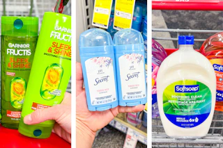 collage image of garnier shampoo, secret deodorant, and softsoap hand soap refills