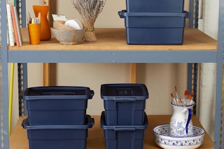 Storage bins on a shelf