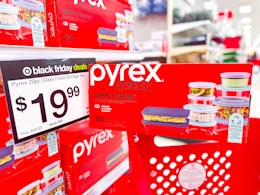 pyrex set sitting in front target black friday signage