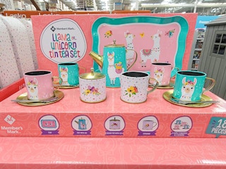 display of a kids tin tea set with llamas on it