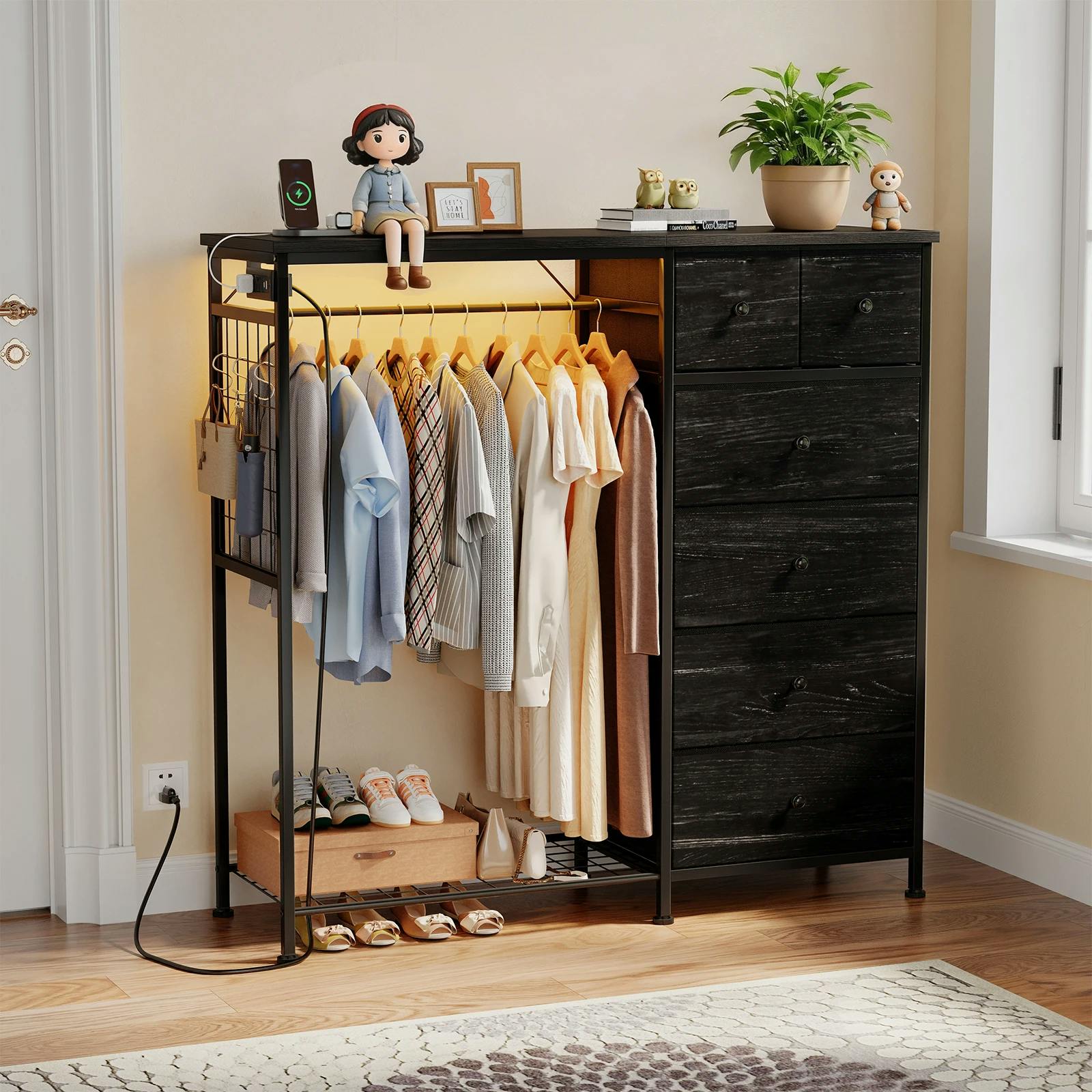 Fabric Dresser with Hanging Rack