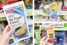 dollar general air fryer liners, glad spoons, glad snack cups 3-photo collage