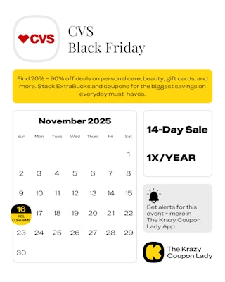 calendar graphic of the cvs black friday sale starting nov 16 2025