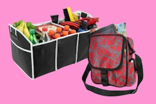 A trunk organizer and a bag on a solid background