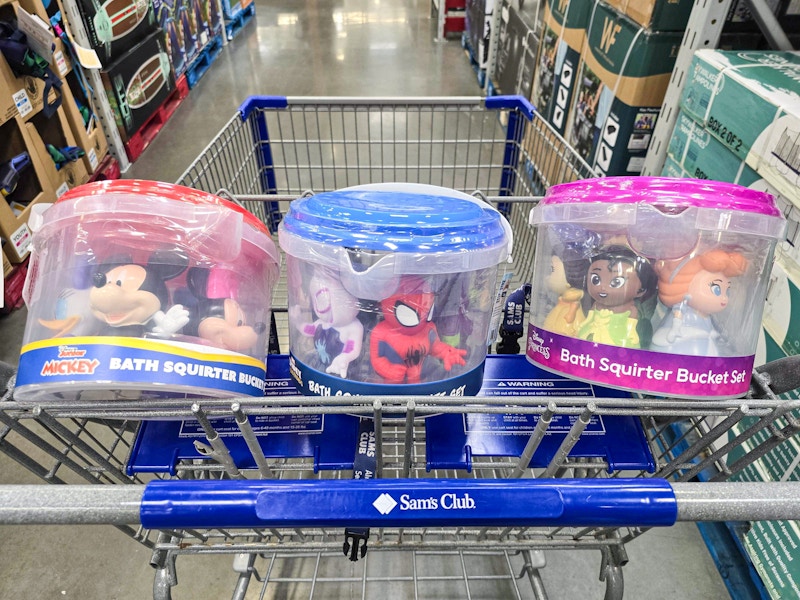 disney bath toy sets in a cart