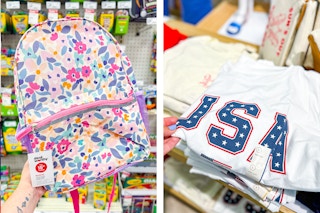 backpack and americana tee side by side