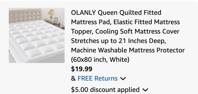 mattress topper Amazon receipt