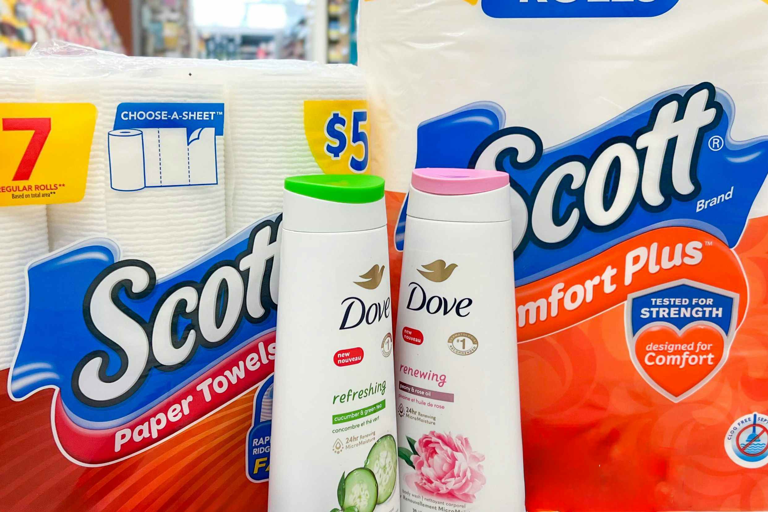 some Dove body wash and Scott paper products at Walgreens