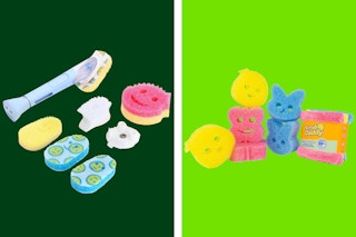 Two different Scrub Daddy cleaning sets on a light and dark green collage background.