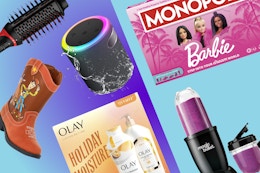 Revlon hair dryer, Toy Story cowboy boots, Olay holiday set, Magic Bullet blender, Barbie Monopoly