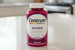 Centrum women's multivitamins on kitchen counter