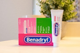 Benadryl anti-itch cream on bathroom counter