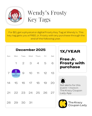 a calendar graphic showing predicted start date of wendys frosty key tags in 2025