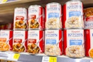 campbell's kitchen classics soup stacked on store shelf