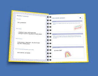 Open planner on a blue background