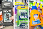 collage image of axe deodorant, arm & hammer detergent, and gillette disposable razors