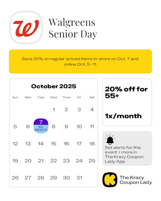 Calendar graphic of Walgreens Senior Day predicted in store on oct 7 2025