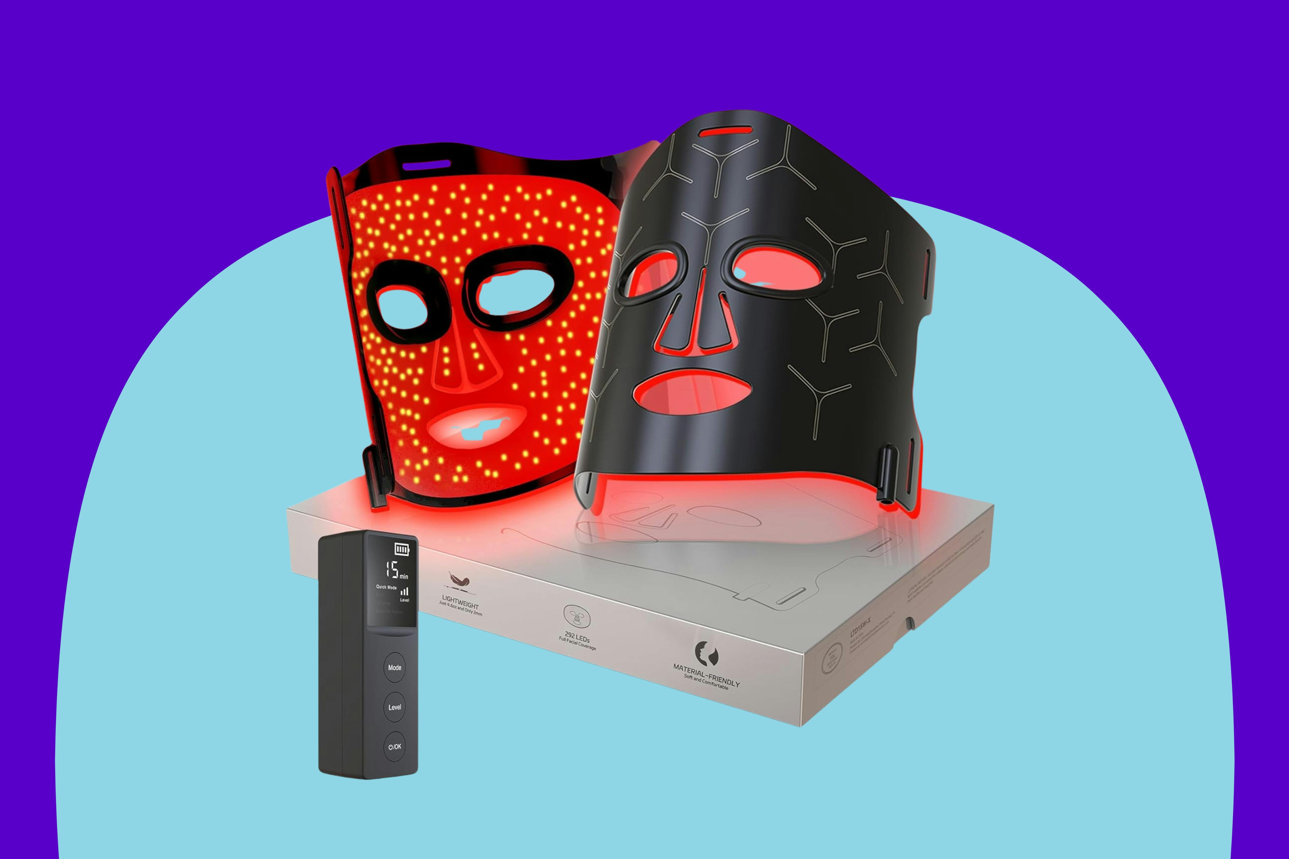 Infrared Red Light Therapy Mask: High Energy Skincare Device for Glowing Skin on a blue background.