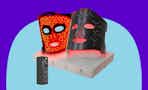 Infrared Red Light Therapy Mask: High Energy Skincare Device for Glowing Skin on a blue background.