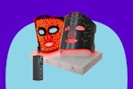 Infrared Red Light Therapy Mask: High Energy Skincare Device for Glowing Skin on a blue background.