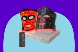 Infrared Red Light Therapy Mask: High Energy Skincare Device for Glowing Skin on a blue background.