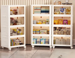 4-tier storage containers in a room filled with food