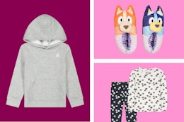 kids' reebok sweatshirt, Bluey slippers, and Carter's pajamas