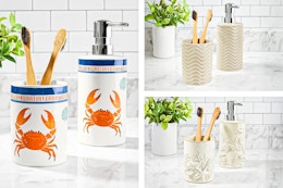 3 Mainstays bathroom accessory sets: 1 ceramic soap pump & 1 ceramic toothbrush holder