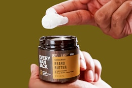 Every Man Jack Beard Balm (lid open with product on hand)