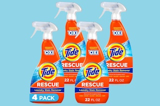 Four bottles of Tide Rescue with Oxi Laundry Stain Remover on a blue background
