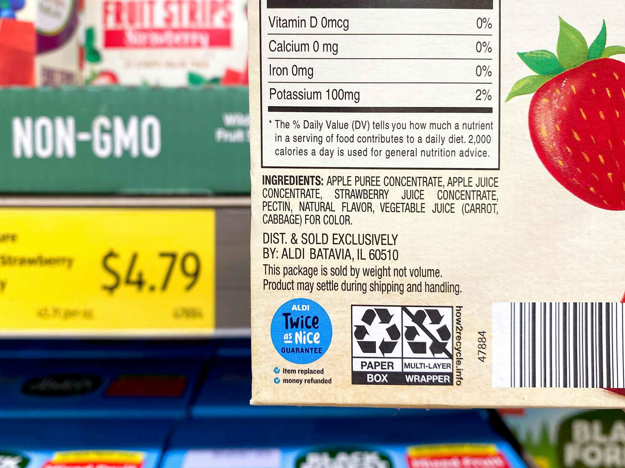 nutrition label on simply nature non-gmo fruit strips from aldi