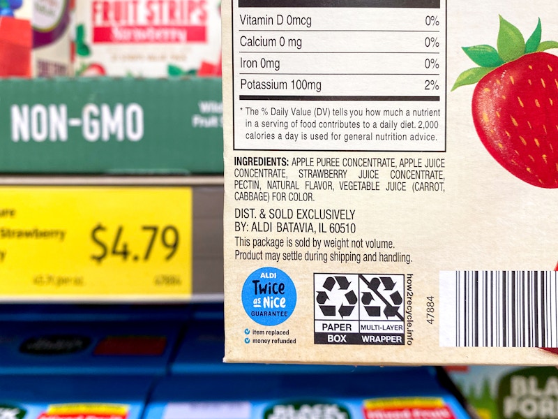 nutrition label on simply nature non-gmo fruit strips from aldi