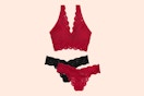 Smart & Sexy Women's Lingerie Set (Red & Black Lace) — 1 Bralette + 2 Thongs (stock image)