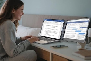 woman using monitor to complete assignments at desk