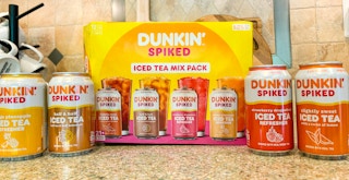 a case of Dunkin Spiked iced tea on a counter