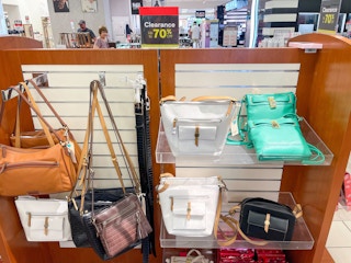 display of handbags on clearance