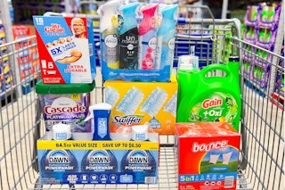 dawn powerwash, cascade pods, bounce dryer sheets, gain detergent, swiffer dusters, febreze and mr clean magic erasers in a cart