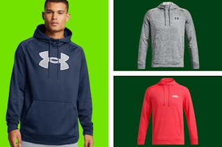 A model wearing a blue Under Armour Hoodie next to gray and coral hoodies on a light and dark green collage. 