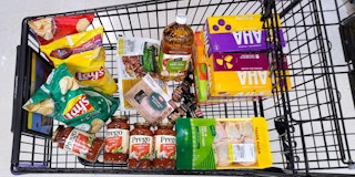 A Safeway cart full of groceries
