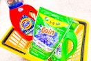 tide and gain products in a yellow shopping basket